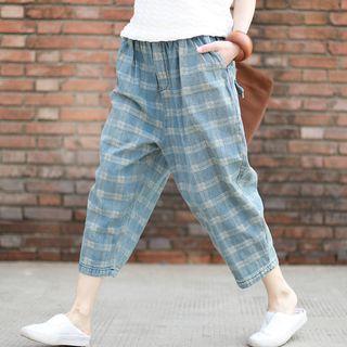 Checked Cropped Harem Pants As Shown In Figure - One Size