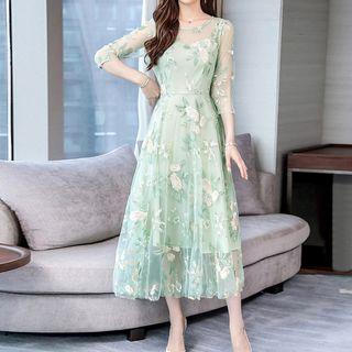 Mock Two-piece 3/4-sleeve Floral Lace A-line Midi Dress