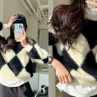 Drop-shoulder Fluffy Argyle Sweater Black - One Size