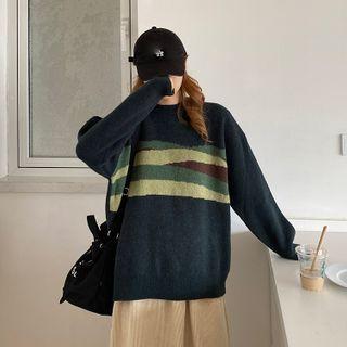 Long-sleeve Printed Knit Sweater One Size - Sweater