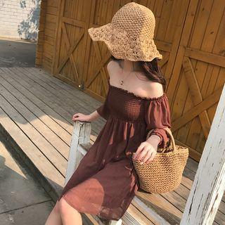 Plain Off Shoulder Long Sleeve Chiffon Dress