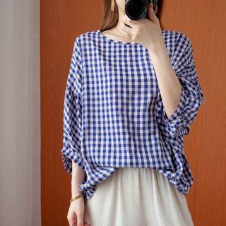 3/4-sleeve Check Blouse Gingham - Blue - One Size