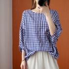 3/4-sleeve Check Blouse Gingham - Blue - One Size