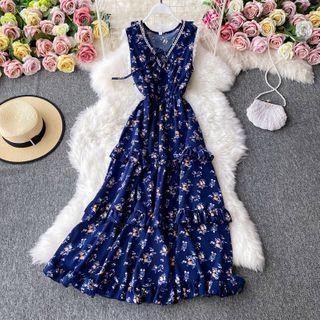Lace-trim V-neck Floral Print Sleeveless Dress