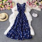 Lace-trim V-neck Floral Print Sleeveless Dress