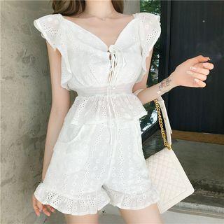 Eyelet Lace Open Back Sleeveless Blouse / Ruffle Hem Shorts