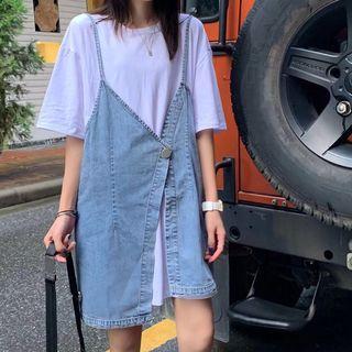 Short-sleeve Mini T-shirt Dress / Spaghetti Strap Mini Denim Dress
