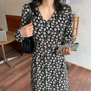 Puff-sleeve Floral Print Midi A-line Dress Floral - Black & White - One Size