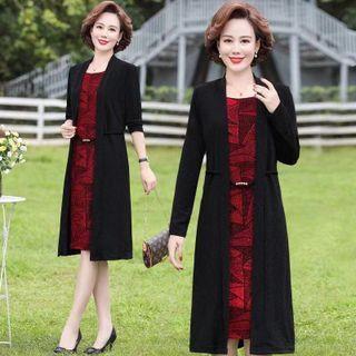 Mock Two-piece Long-sleeve Print Midi A-line Dress