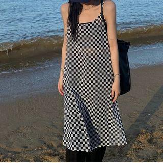 Spaghetti Strap Checkerboard Mini Dress Black & White - One Size