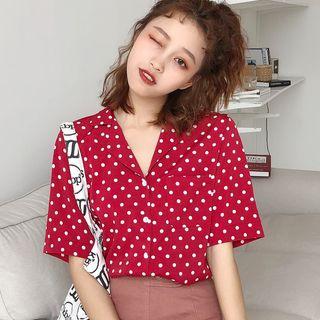 Polka Dot Short-sleeve Lapel Collar Shirt