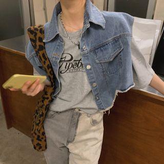 Short-sleeve Lettering T-shirt / Asymmetric Denim Vest