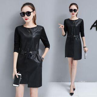 Faux Leather Panel Long-sleeve Sheath Dress
