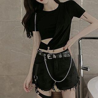 Short-sleeve Cutout Crop Top / Frayed Denim Shorts / Chain Belt