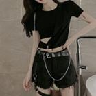 Short-sleeve Cutout Crop Top / Frayed Denim Shorts / Chain Belt