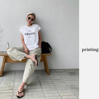 Cap-sleeve Letter Print Top Ivory - One Size