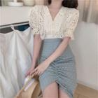 Short-sleeve Perforated Blouse / Midi Dotted Sheath Skirt