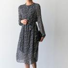 Long-sleeve Round-neck Floral Print A-line Midi Dress With Sash