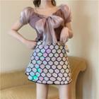 Short-sleeve Ribbon Front Top / Sequined Mini Skirt