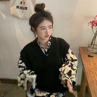 Floral Print Shirt / Sweater Vest / Set