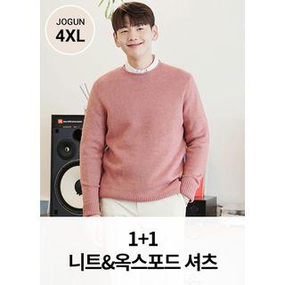 Set: Crew-neck Knit Top + Pocket-front Shirt