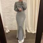 Long-sleeve Plain Shrug / Plain Knit Slipdress
