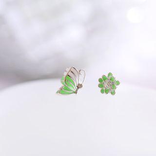 Non-matching Butterfly Flower Stud Earring As Shown In Figure - One Size