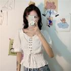 Balloon-sleeve Lace-up Blouse White - One Size