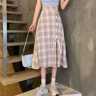 Plaid Lace Up Midi A-line Skirt
