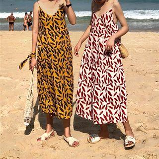 Set: Leaf Print Spaghetti Strap Midi Sundress + Headband