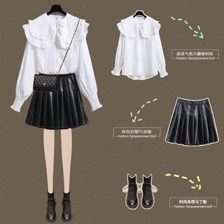 Long-sleeve Shirt / Faux Leather Mini A-line Skirt / Set