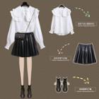 Long-sleeve Shirt / Faux Leather Mini A-line Skirt / Set