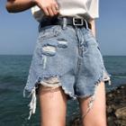 Asymmetric Distressed High-waist Denim Shorts