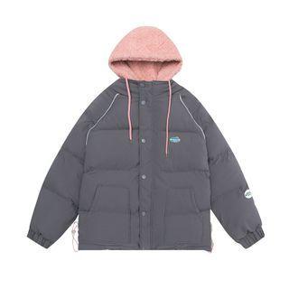 Mock Two-piece Fleece Panel Hooded Padded Zip Jacket