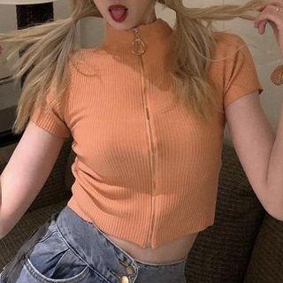 Short-sleeve Zip-up Knit Mock-neck Top