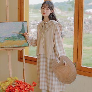 Set: Sweater Vest + Wide-collar Plaid Midi A-line Shirtdress