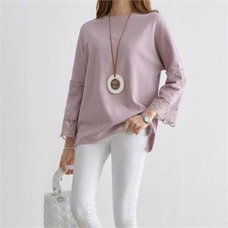 Long-sleeve Round-neck Lace-trim T-shirt