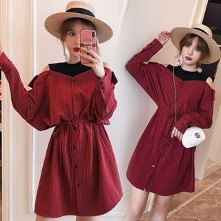 Mock-two Piece Off-shoulder Striped Shirt Dress