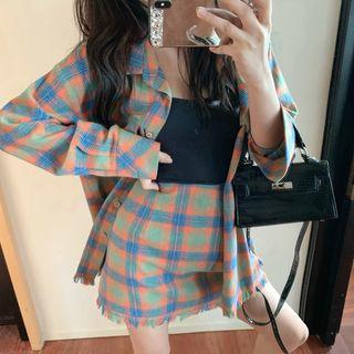 Plaid Long-sleeve Loose-fit Shirt / Slim-fit Skirt