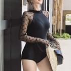 Dotted Long-sleeve Mesh Panel Swimsuit