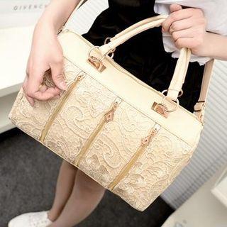 Faux Leather Lace Panel Hand Bag