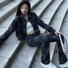 Checkered Cropped Denim Jacket / High Waist Straight Leg Jeans