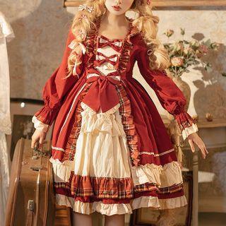Lantern-sleeve Ribbon Ruffled A-line Dress