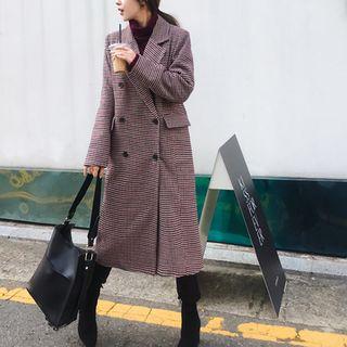 Houndstooth Double-breasted Long Coat Wine Red - One Size