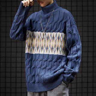 Argyle Turtleneck Cable Knit Sweater