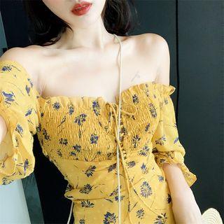 Floral Off-shoulder Long-sleeve Slim-fit Dress