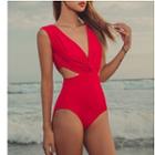 Sleeveless Cutout Plain Swimsuit