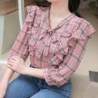 Tie-neck Ruffled Plaid Chiffon Top