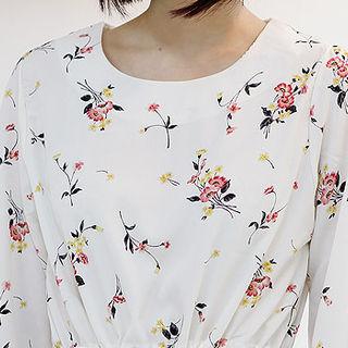 Drawcord-waist Floral Crepe Dress