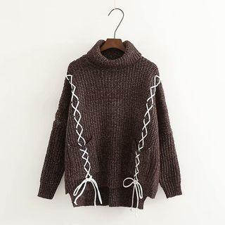 Turtleneck Lace Up Chunky-knit Sweater